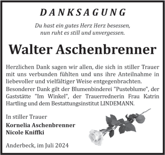 Traueranzeige von Walter Aschenbrenner von Volksstimme Halberstadt