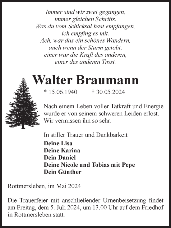 Traueranzeige von Walter Braumann von Volksstimme Haldensleben/Wolmirstedt