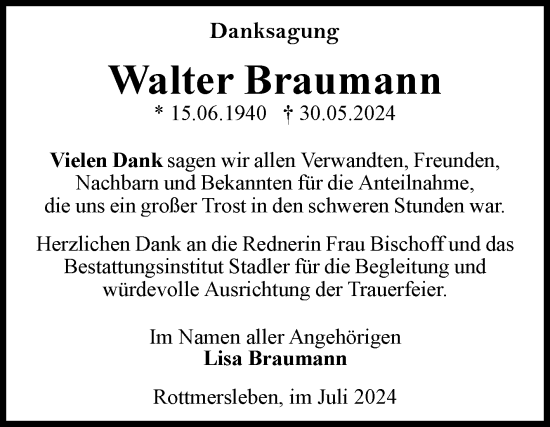 Traueranzeige von Walter Braumann von Volksstimme Haldensleben/Wolmirstedt