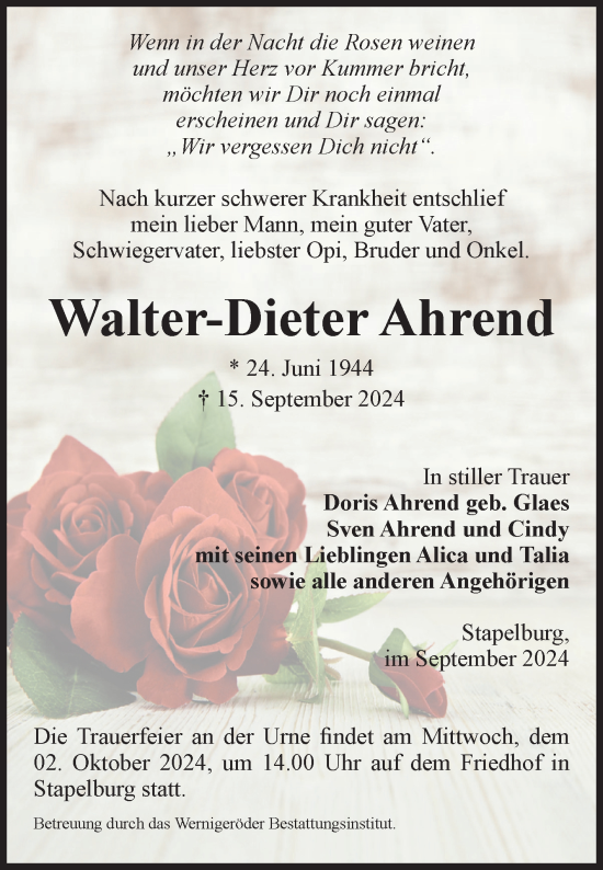 Traueranzeige von Walter-Dieter Ahrend von Volksstimme Wernigerode