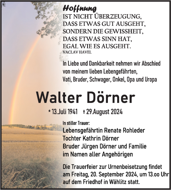 Traueranzeige von Walter Dörner von Super Sonntag Naumburg/Nebra