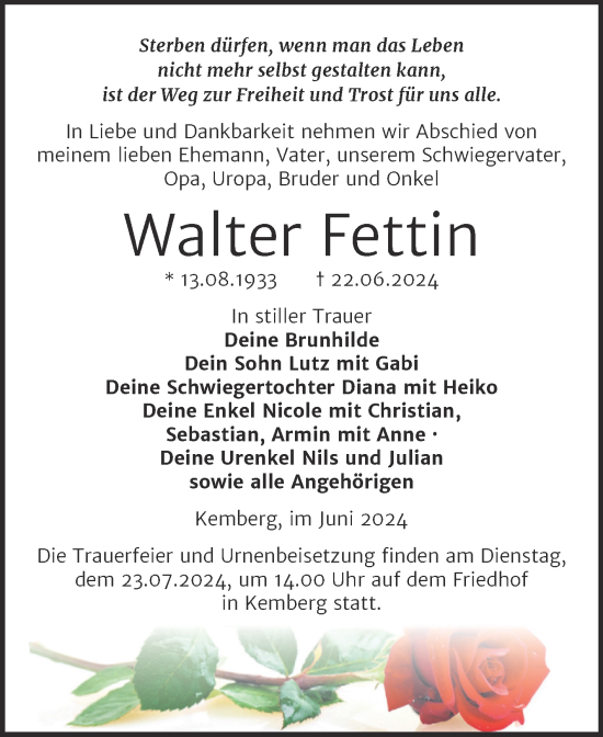 Traueranzeige von Walter Fettin von Trauerkombi Wittenberg