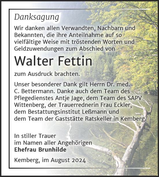 Traueranzeige von Walter Fettin von Trauerkombi Wittenberg