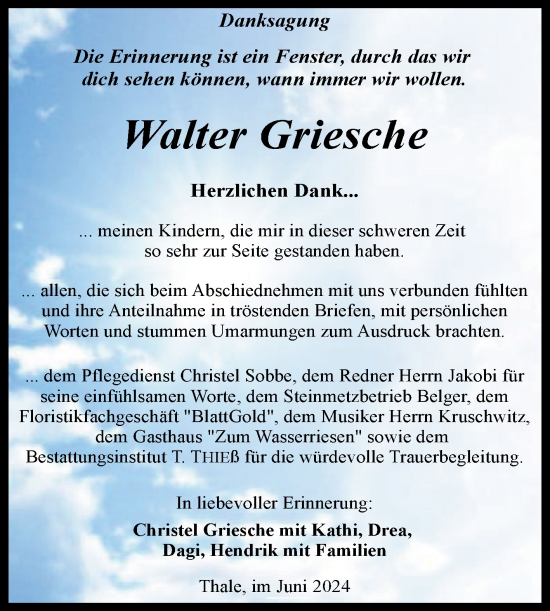 Traueranzeige von Walter Griesche von Trauerkombi Quedlinburg