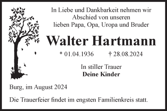 Traueranzeige von Walter Hartmann von Volksstimme Burg/Genthin