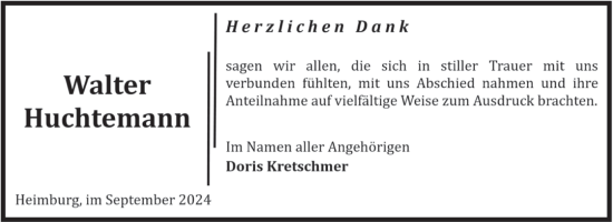 Traueranzeige von Walter Huchtemann von Volksstimme Wernigerode