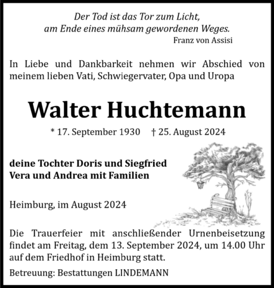 Traueranzeige von Walter Huchtemann von Volksstimme Wernigerode
