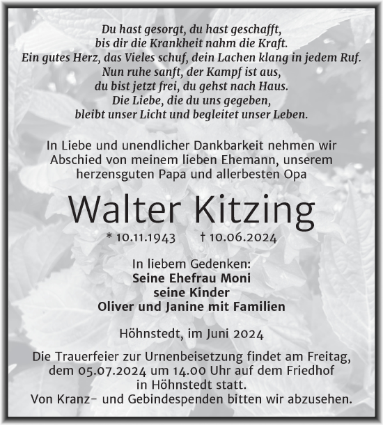 Traueranzeige von Walter Kitzing 