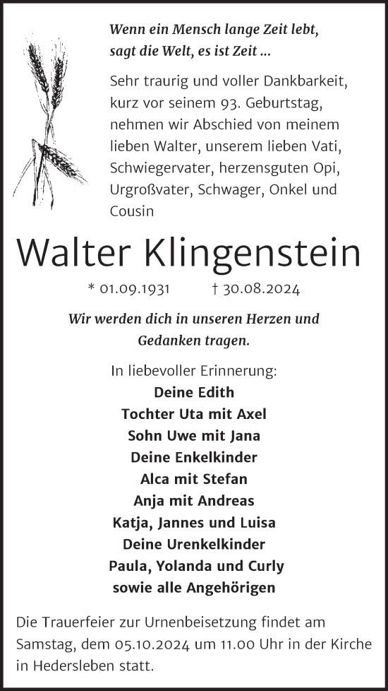 Traueranzeige von Walter Klingenstein von Trauerkombi Mansfelder Land