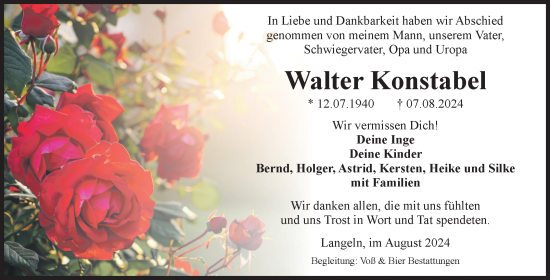 Traueranzeige von Walter Konstabel von Volksstimme Wernigerode