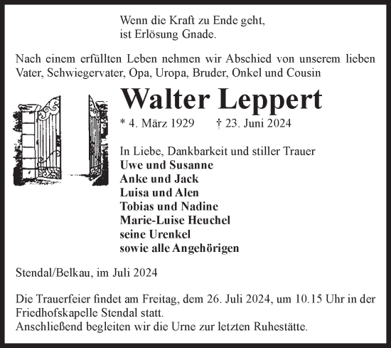Traueranzeige von Walter Leppert von Volksstimme Altmark Ost
