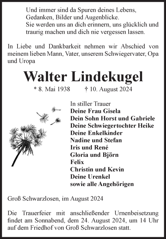 Traueranzeige von Walter Lindekugel von Volksstimme Altmark Ost