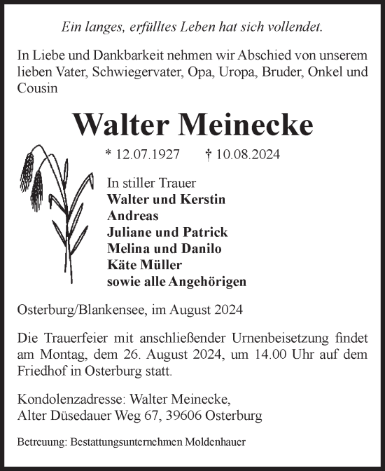 Traueranzeige von Walter Meinecke von Volksstimme Altmark Ost