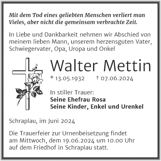 Traueranzeige von Walter Mettin von Trauerkombi Merseburg