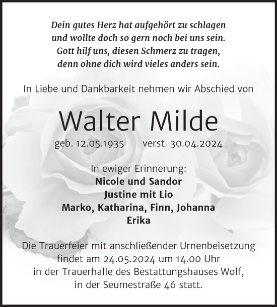Traueranzeige von Walter Milde von Trauerkombi Weißenfels