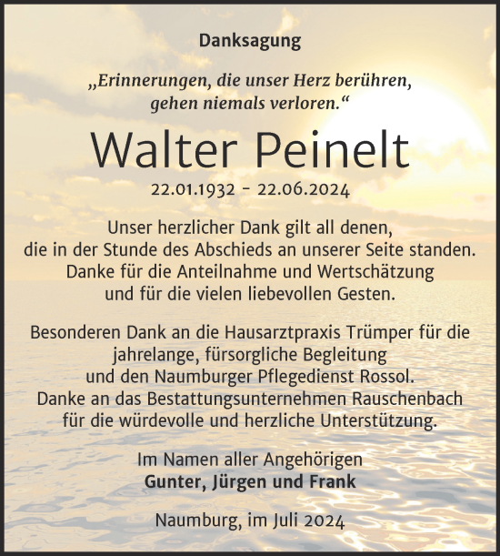 Traueranzeige von Walter Peinelt von Naumburger Tageblatt