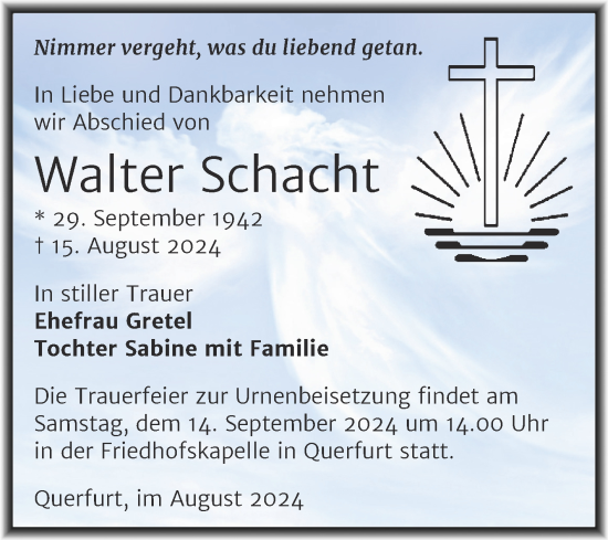 Traueranzeige von Walter Schacht von Trauerkombi Merseburg