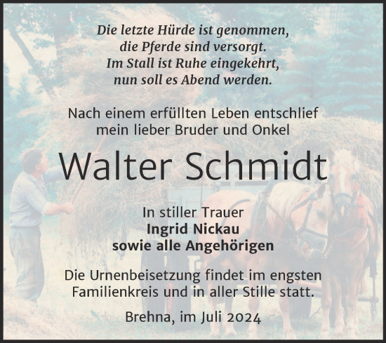 Traueranzeige von Walter Schmidt von Trauerkombi Bitterfeld