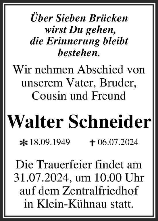 Traueranzeige von Walter Schneider von Trauerkombi Dessau