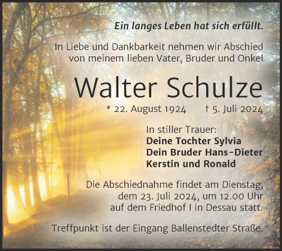 Traueranzeige von Walter Schulze von Trauerkombi Dessau