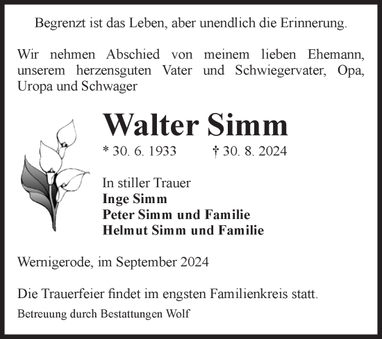 Traueranzeige von Walter Simm von Volksstimme Wernigerode