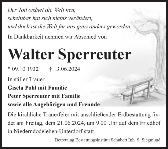 Traueranzeige von Walter Sperreuter von Volksstimme Haldensleben/Wolmirstedt