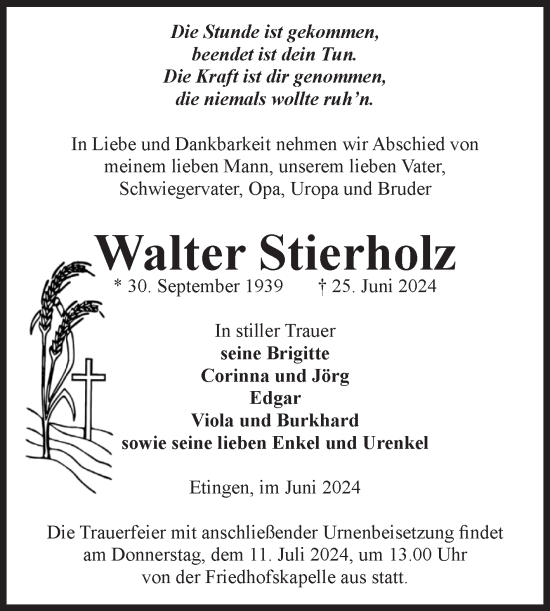 Traueranzeige von Walter Stierholz von Volksstimme Haldensleben/Wolmirstedt
