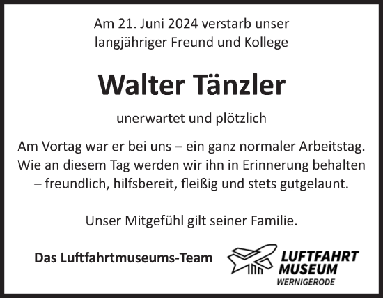 Traueranzeige von Walter Tänzler von Volksstimme Wernigerode