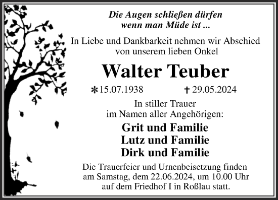 Traueranzeige von Walter Teuber von Trauerkombi Dessau