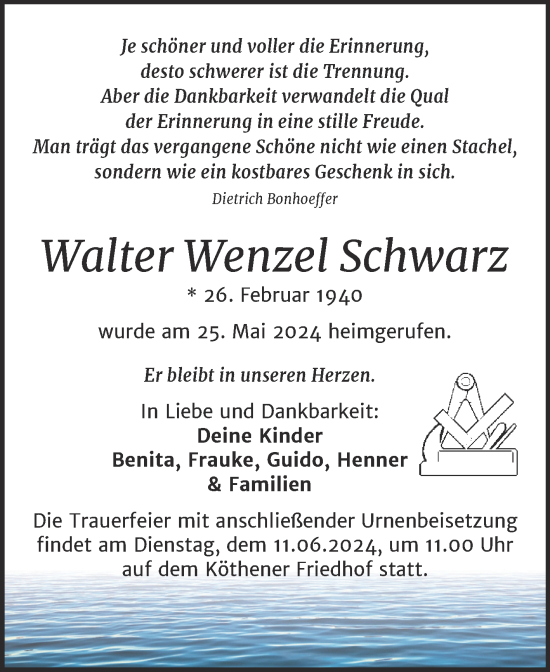 Traueranzeige von Walter Wenzel Schwarz von Trauerkombi Köthen