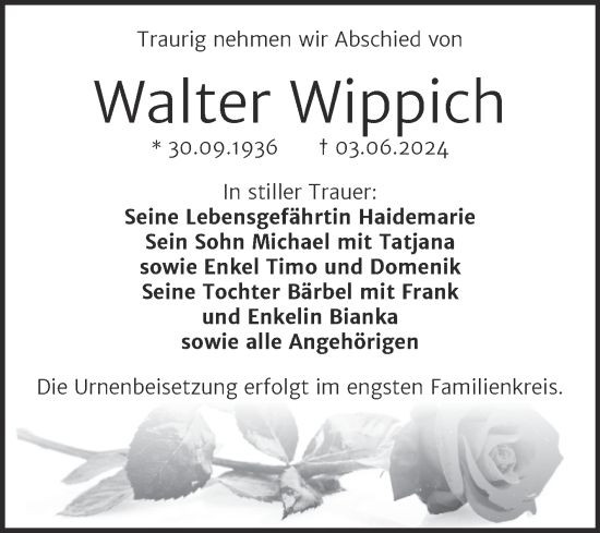 Traueranzeige von Walter Wippich von Trauerkombi Aschersleben