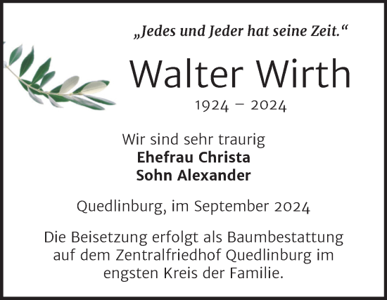 Traueranzeige von Walter Wirth von Trauerkombi Quedlinburg