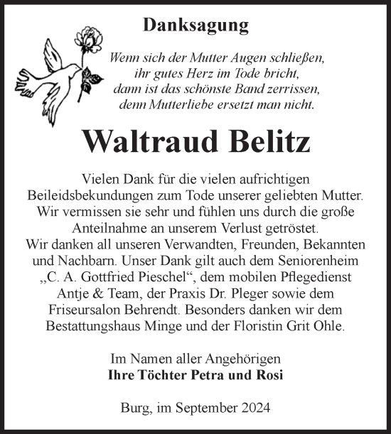 Traueranzeige von Waltraud Belitz von Volksstimme Burg/Genthin