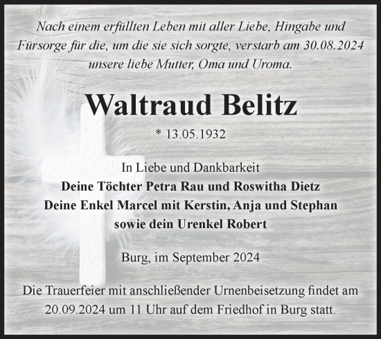 Traueranzeige von Waltraud Belitz von Volksstimme Burg/Genthin