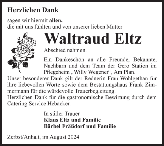 Traueranzeige von Waltraud Eltz von Volksstimme Zerbst