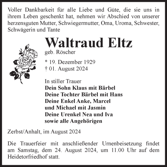 Traueranzeige von Waltraud Eltz von Volksstimme Zerbst