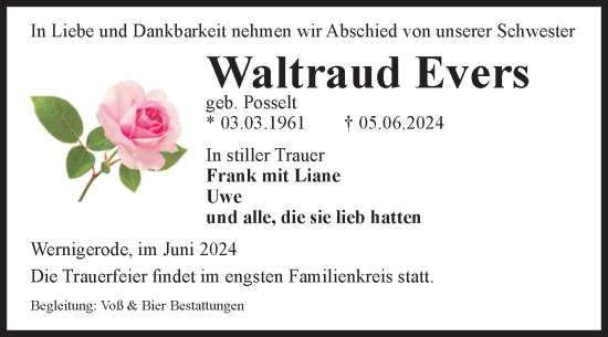 Traueranzeige von Waltraud Evers von Volksstimme Wernigerode