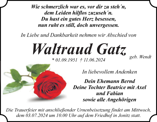 Traueranzeige von Waltraud Gatz von Trauerkombi Dessau