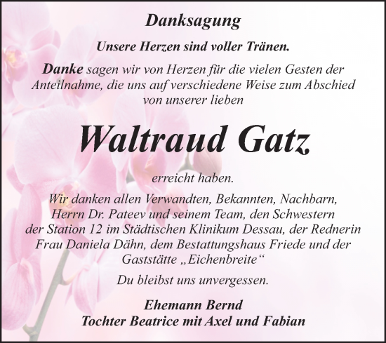 Traueranzeige von Waltraud Gatz von Trauerkombi Dessau
