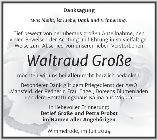 Traueranzeige von Waltraud Große von Trauerkombi Mansfelder Land