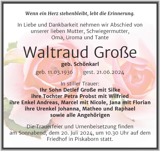Traueranzeige von Waltraud Große von Trauerkombi Mansfelder Land