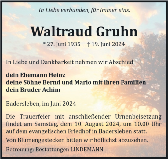Traueranzeige von Waltraud Gruhn von Volksstimme Halberstadt