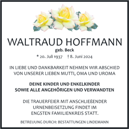 Traueranzeige von Waltraud Hoffmann von Volksstimme Halberstadt