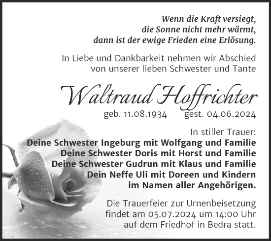 Traueranzeige von Waltraud Hoffrichter von Trauerkombi Merseburg