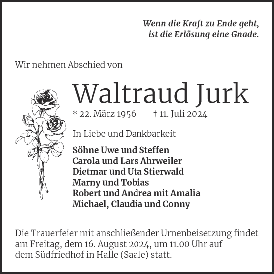 Traueranzeige von Waltraud Jurk von Mitteldeutsche Zeitung Halle/Saalkreis