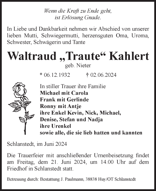 Traueranzeige von Waltraud Kahlert von Volksstimme Halberstadt