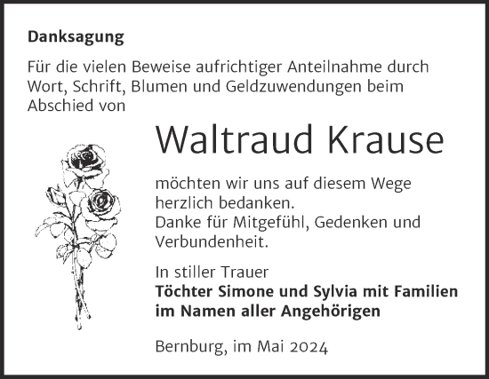 Traueranzeige von Waltraud Krause von Trauerkombi Bernburg
