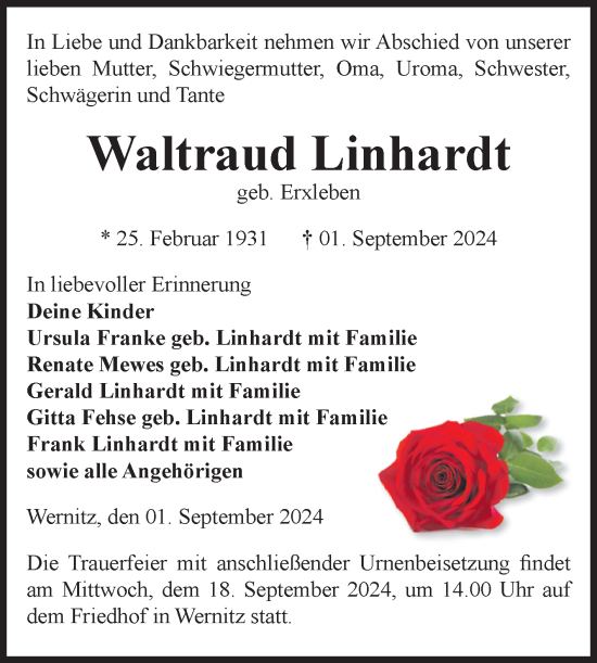 Traueranzeige von Waltraud Linhardt von Volksstimme Altmark West
