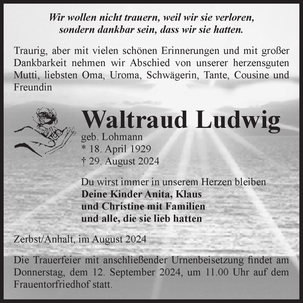  Traueranzeige für Waltraud Ludwig vom 07.09.2024 aus Volksstimme Zerbst