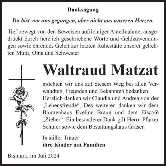 Traueranzeige von Waltraud Matzat von Volksstimme Altmark Ost